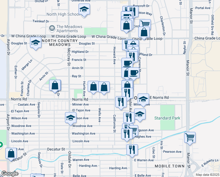 map of restaurants, bars, coffee shops, grocery stores, and more near 1605 Howard Avenue in Bakersfield