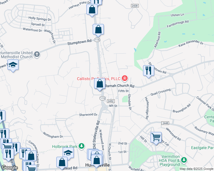 map of restaurants, bars, coffee shops, grocery stores, and more near 14914 North Old Statesville Road in Huntersville