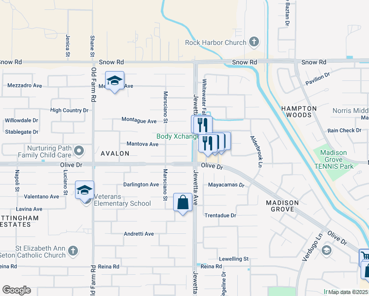 map of restaurants, bars, coffee shops, grocery stores, and more near 11315 Mantova Avenue in Bakersfield