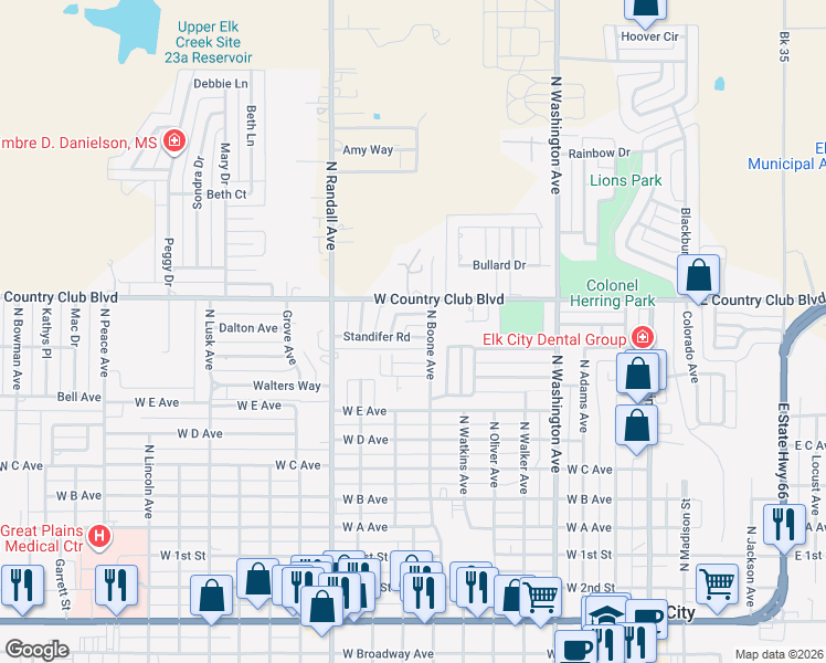 map of restaurants, bars, coffee shops, grocery stores, and more near 805 Standifer Road in Elk City