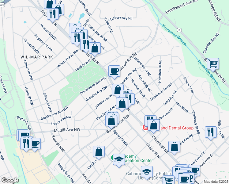 map of restaurants, bars, coffee shops, grocery stores, and more near 381 North Carolina 73 in Concord