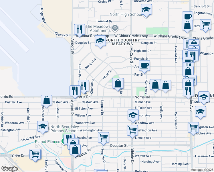 map of restaurants, bars, coffee shops, grocery stores, and more near 625 Ray Street in Bakersfield
