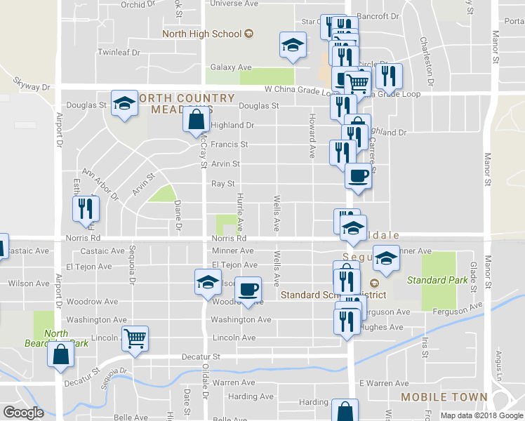 map of restaurants, bars, coffee shops, grocery stores, and more near 1604 Haldon Street in Bakersfield