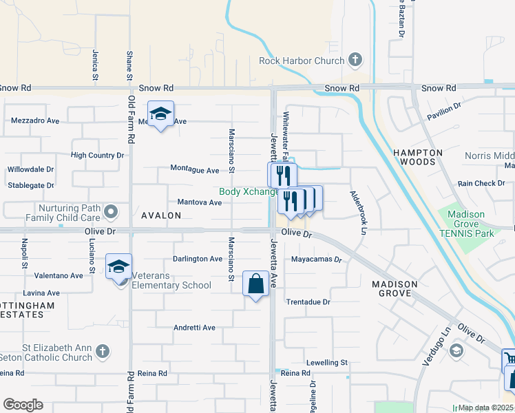 map of restaurants, bars, coffee shops, grocery stores, and more near 11315 Mantova Avenue in Bakersfield