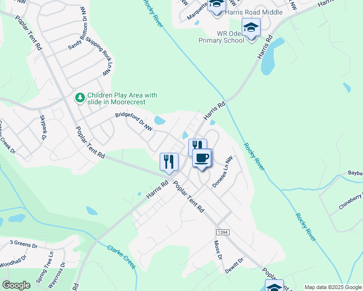map of restaurants, bars, coffee shops, grocery stores, and more near 9850 Poplar Tent Road in Concord