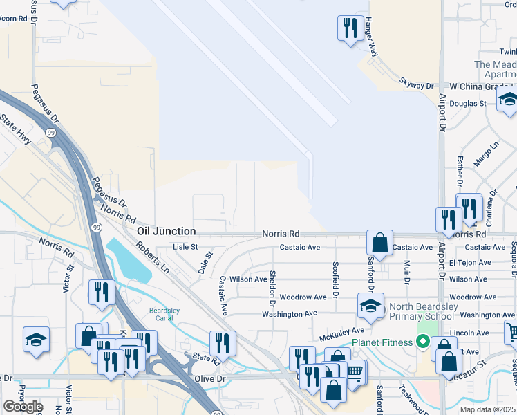 map of restaurants, bars, coffee shops, grocery stores, and more near 1600 Rench Road in Bakersfield