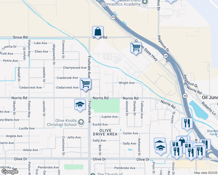 map of restaurants, bars, coffee shops, grocery stores, and more near 6207 Wright Avenue in Bakersfield