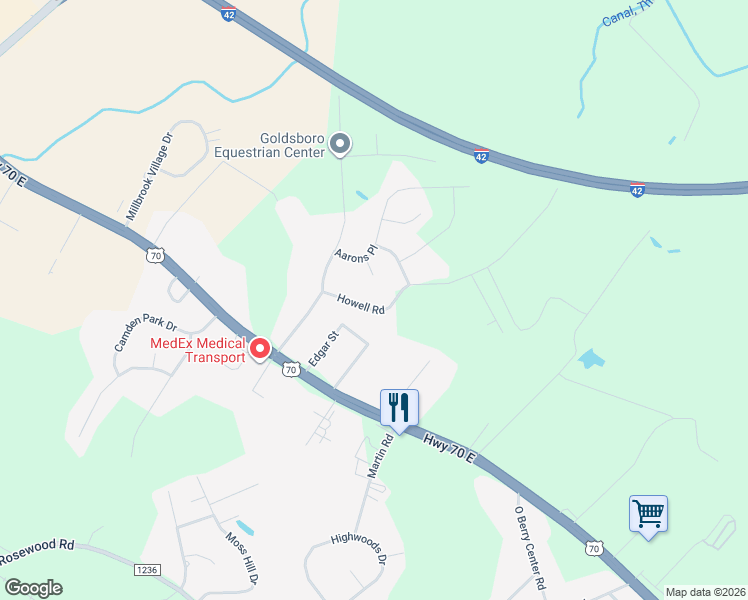 map of restaurants, bars, coffee shops, grocery stores, and more near 161 Howell Road in Goldsboro