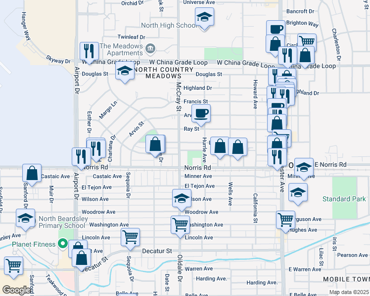 map of restaurants, bars, coffee shops, grocery stores, and more near 443 Linda Vista Drive in Bakersfield