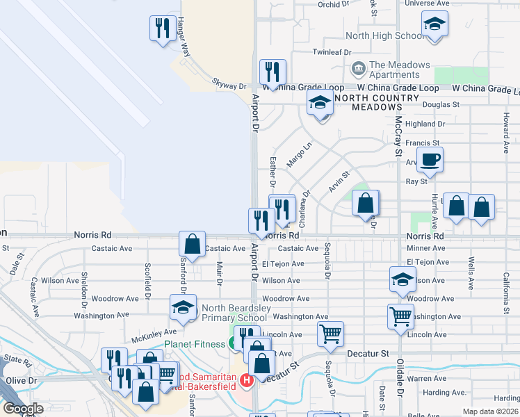 map of restaurants, bars, coffee shops, grocery stores, and more near 1608 Airport Drive in Bakersfield