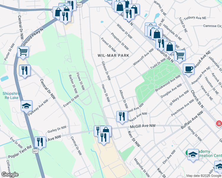 map of restaurants, bars, coffee shops, grocery stores, and more near 579 Gibson Drive Northwest in Concord