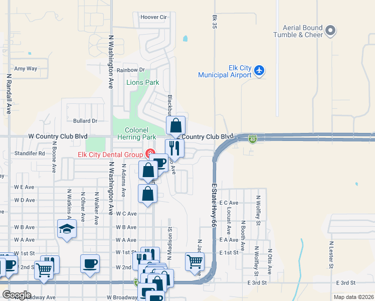 map of restaurants, bars, coffee shops, grocery stores, and more near 216 Wilcox Way in Elk City