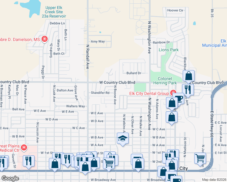 map of restaurants, bars, coffee shops, grocery stores, and more near 805 Standifer Road in Elk City