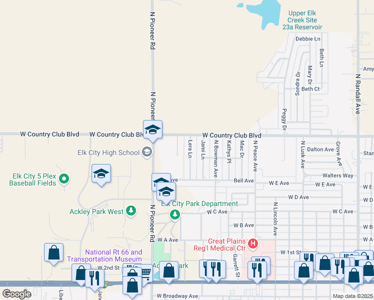 map of restaurants, bars, coffee shops, grocery stores, and more near 1003 Lera Lane in Elk City