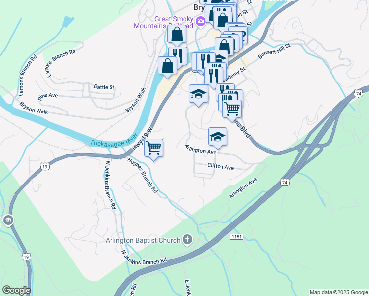 map of restaurants, bars, coffee shops, grocery stores, and more near 300 Arlington Avenue in Bryson City