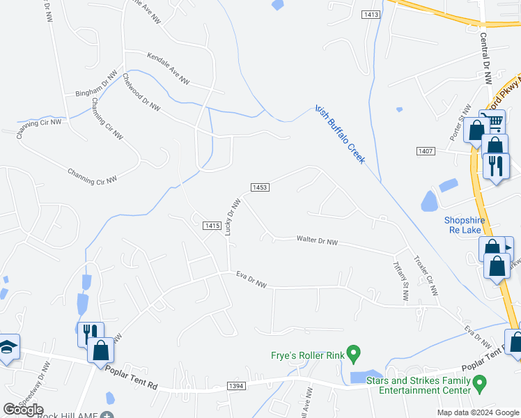 map of restaurants, bars, coffee shops, grocery stores, and more near 3088 Walter Drive Northwest in Concord