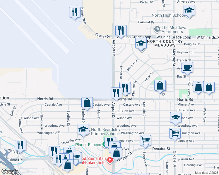 map of restaurants, bars, coffee shops, grocery stores, and more near 1669 Airport Drive in Bakersfield