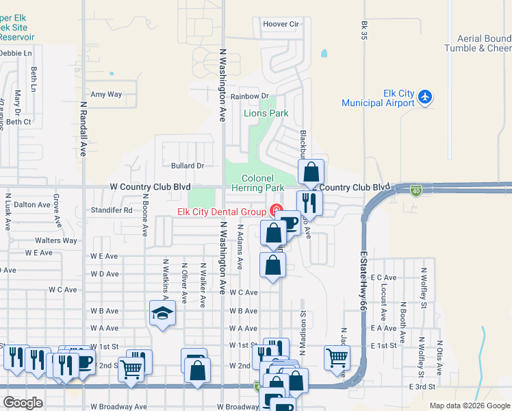 map of restaurants, bars, coffee shops, grocery stores, and more near 214 Hayden Boulevard in Elk City