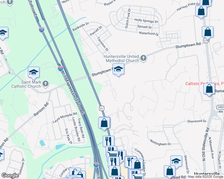 map of restaurants, bars, coffee shops, grocery stores, and more near 14987 Alexander Place Drive in Huntersville