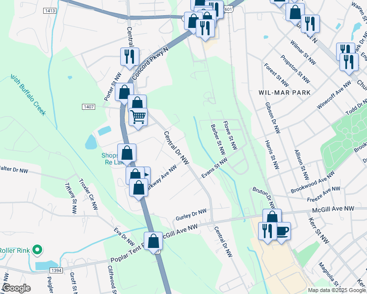 map of restaurants, bars, coffee shops, grocery stores, and more near Central Drive in Concord