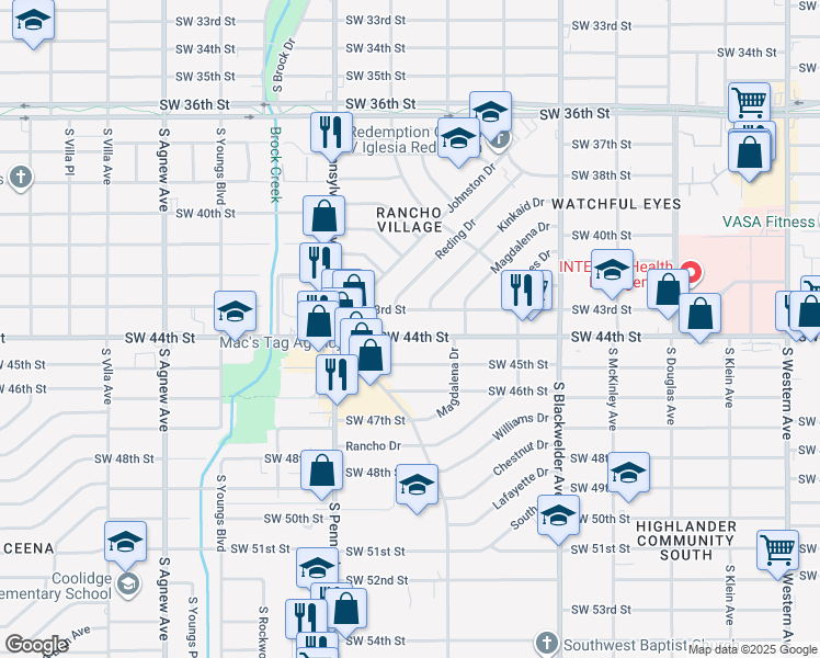 map of restaurants, bars, coffee shops, grocery stores, and more near 1545 Southwest 44th Street in Oklahoma City