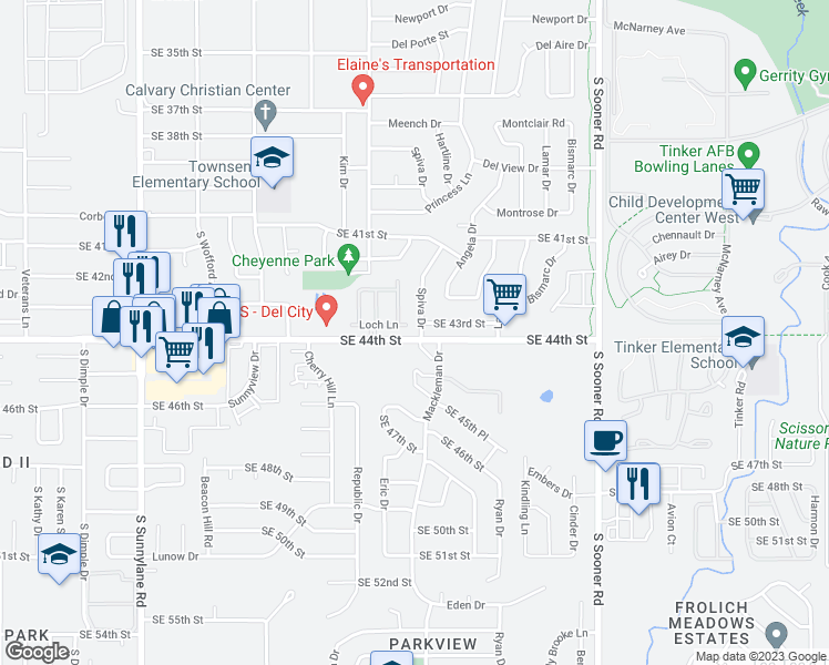 map of restaurants, bars, coffee shops, grocery stores, and more near 4405 Spiva Drive in Del City