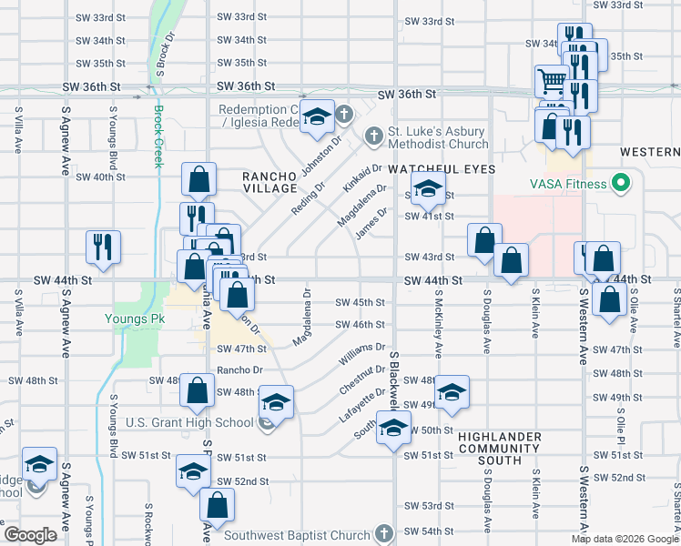 map of restaurants, bars, coffee shops, grocery stores, and more near 1425 Southwest 44th Street in Oklahoma City