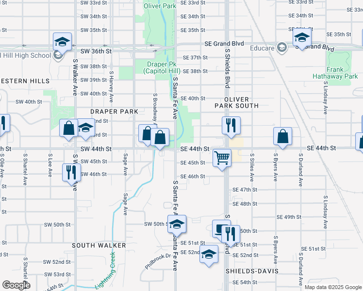 map of restaurants, bars, coffee shops, grocery stores, and more near 9 Southeast 44th Street in Oklahoma City