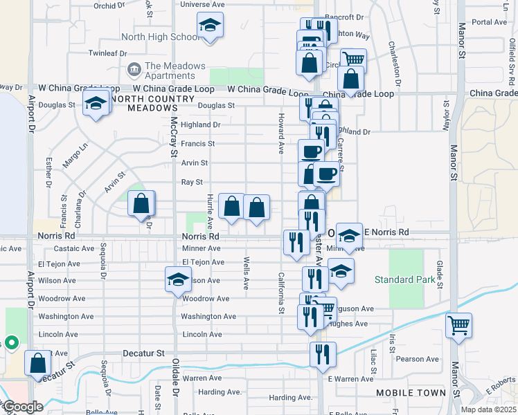 map of restaurants, bars, coffee shops, grocery stores, and more near 1607 Stockton Ave in Bakersfield