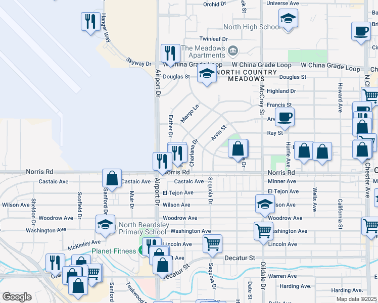 map of restaurants, bars, coffee shops, grocery stores, and more near 716 Francis Street in Bakersfield