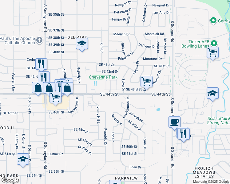 map of restaurants, bars, coffee shops, grocery stores, and more near 4405 Spiva Drive in Del City
