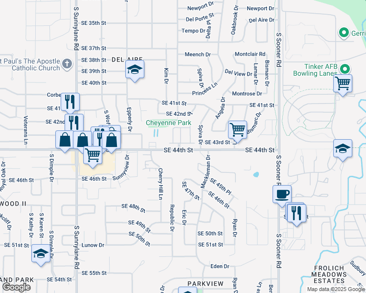 map of restaurants, bars, coffee shops, grocery stores, and more near 4620 Loch Lane in Del City