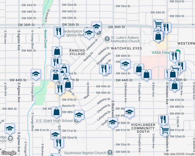 map of restaurants, bars, coffee shops, grocery stores, and more near 1425 Southwest 44th Street in Oklahoma City