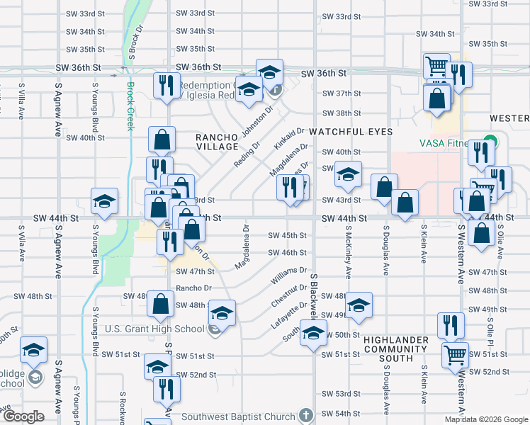 map of restaurants, bars, coffee shops, grocery stores, and more near 1425 Southwest 44th Street in Oklahoma City
