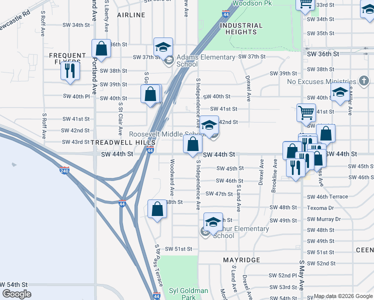 map of restaurants, bars, coffee shops, grocery stores, and more near 3313 Southwest 44th Street in Oklahoma City