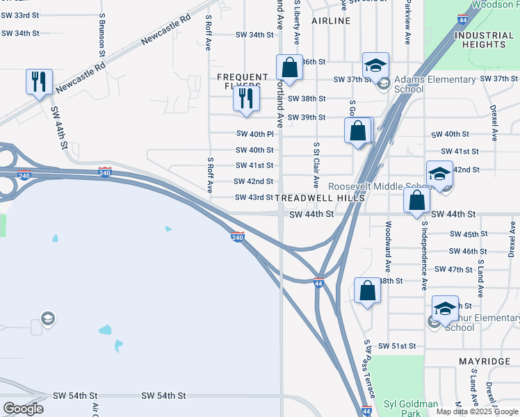 map of restaurants, bars, coffee shops, grocery stores, and more near 3709 Southwest 44th Street in Oklahoma City