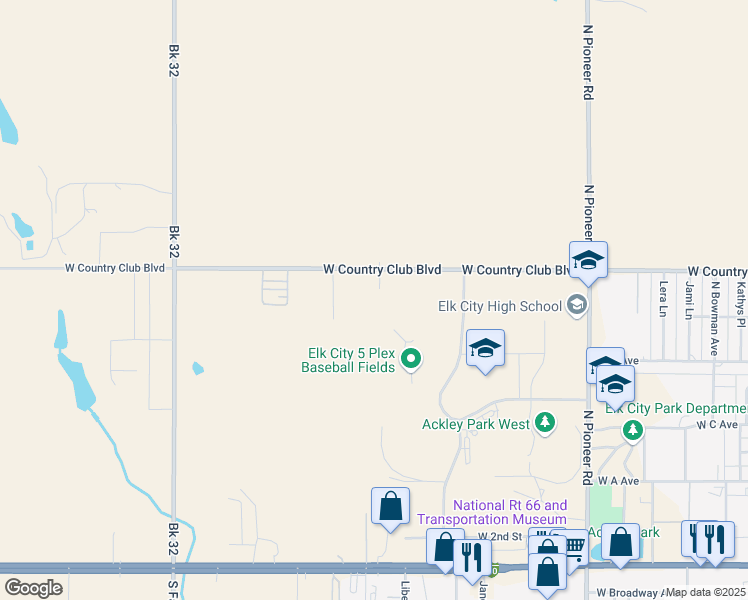 map of restaurants, bars, coffee shops, grocery stores, and more near 3200 West Country Club Boulevard in Elk City