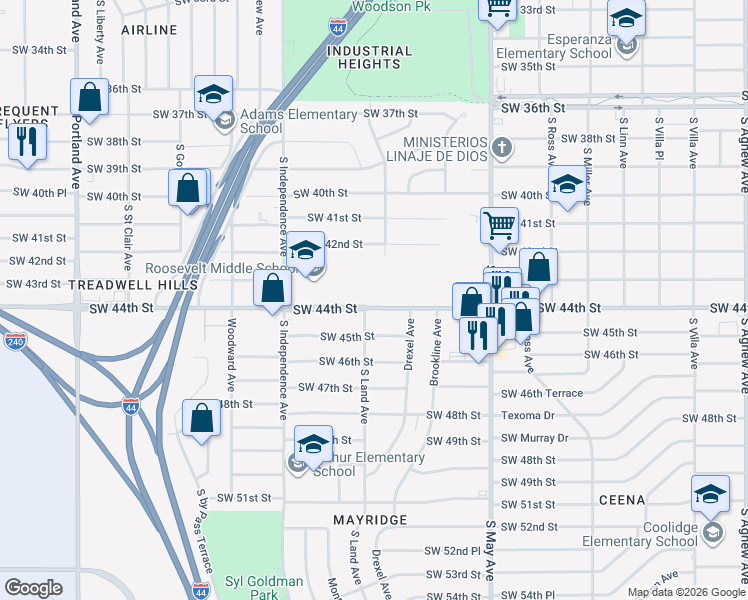 map of restaurants, bars, coffee shops, grocery stores, and more near 3129 Southwest 44th Street in Oklahoma City