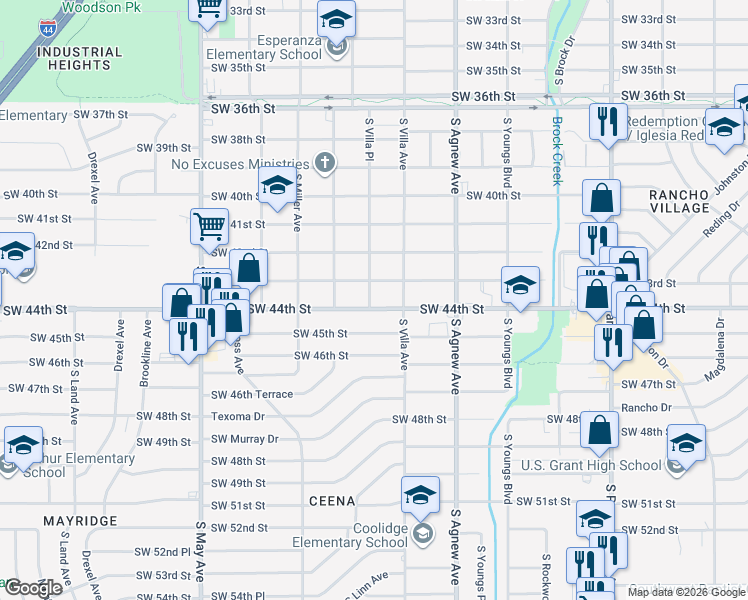 map of restaurants, bars, coffee shops, grocery stores, and more near 2601 Southwest 44th Street in Oklahoma City