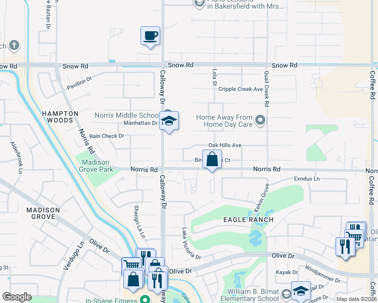 map of restaurants, bars, coffee shops, grocery stores, and more near 9425 Oak Hills Avenue in Bakersfield