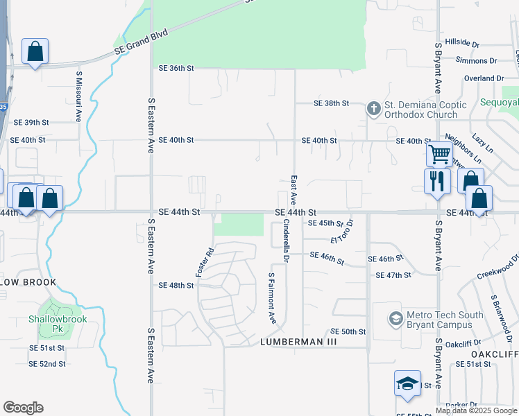 map of restaurants, bars, coffee shops, grocery stores, and more near 2301 Southeast 44th Street in Oklahoma City