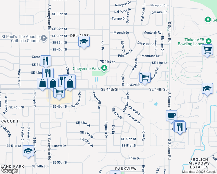 map of restaurants, bars, coffee shops, grocery stores, and more near 4620 Loch Lane in Del City