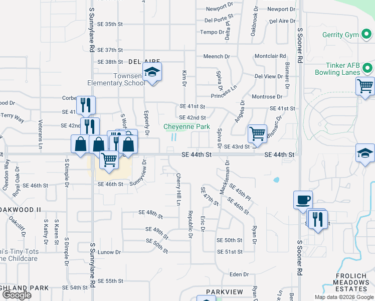 map of restaurants, bars, coffee shops, grocery stores, and more near 4620 Loch Lane in Del City