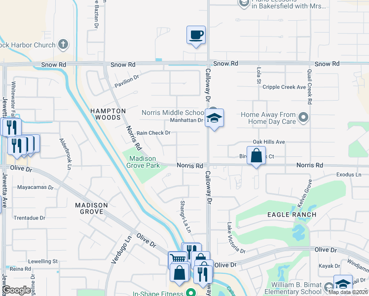map of restaurants, bars, coffee shops, grocery stores, and more near 9903 Jersey Bounce Drive in Bakersfield