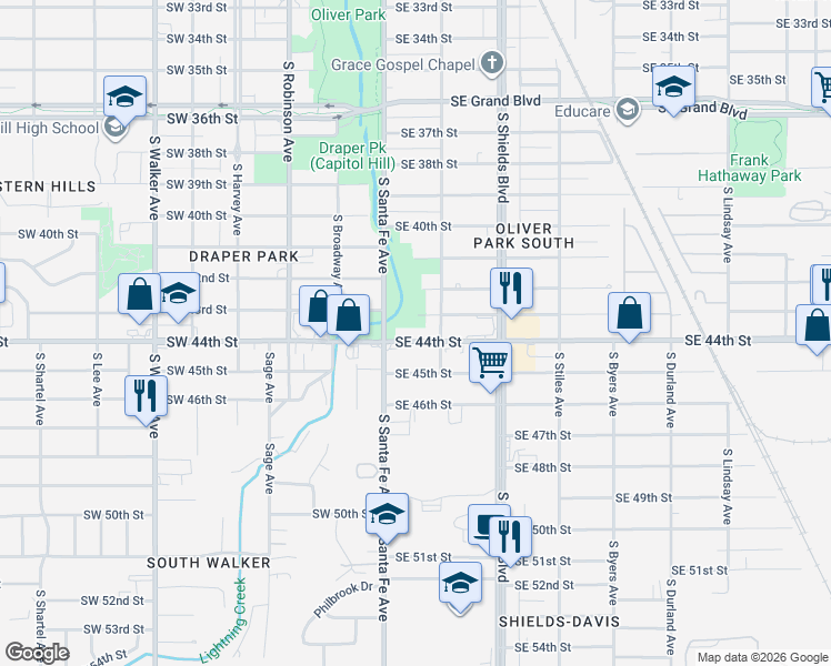 map of restaurants, bars, coffee shops, grocery stores, and more near 9 Southeast 44th Street in Oklahoma City