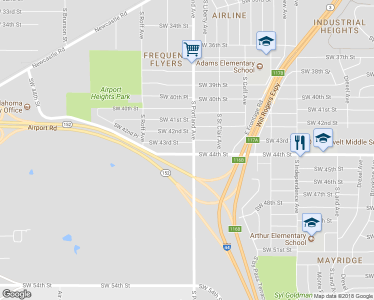 map of restaurants, bars, coffee shops, grocery stores, and more near 3709 Southwest 44th Street in Oklahoma City