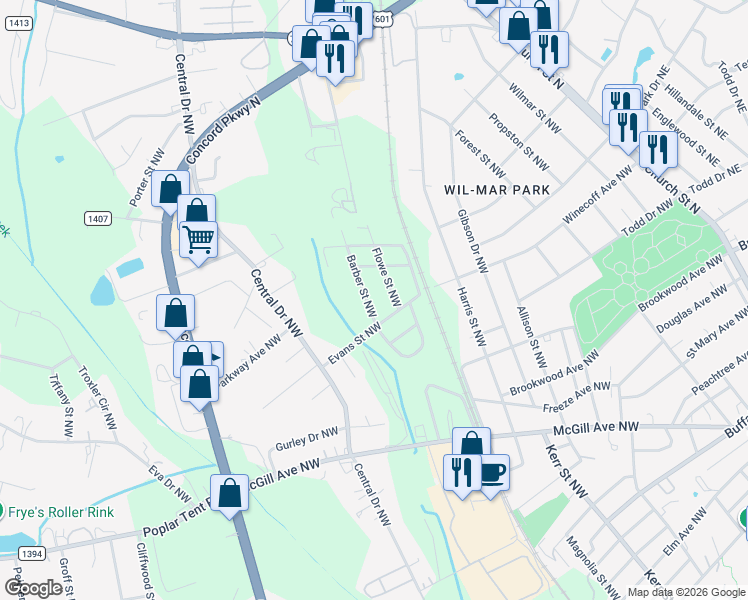 map of restaurants, bars, coffee shops, grocery stores, and more near 60 Barber St NW in Concord