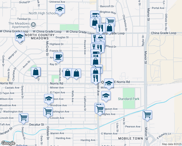 map of restaurants, bars, coffee shops, grocery stores, and more near 123 Linda Vista Drive in Bakersfield