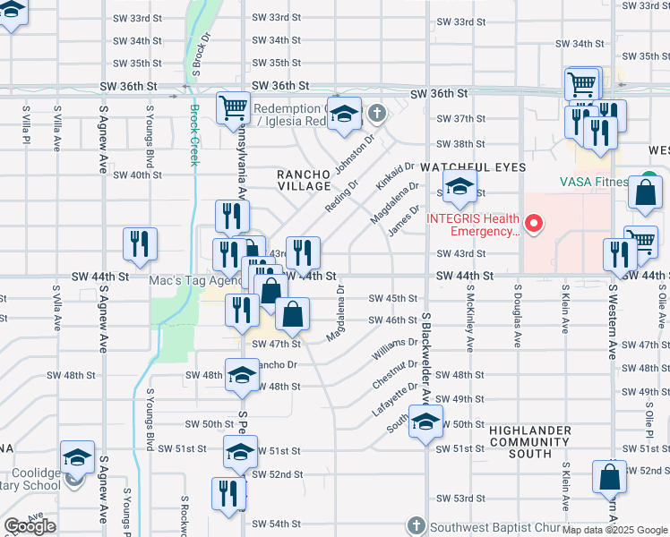 map of restaurants, bars, coffee shops, grocery stores, and more near 1513 SW 44th St in Oklahoma City