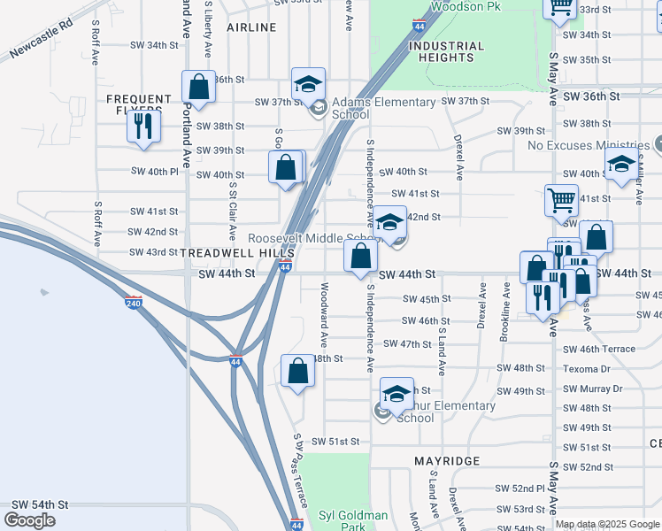 map of restaurants, bars, coffee shops, grocery stores, and more near 4412 Woodward Avenue in Oklahoma City